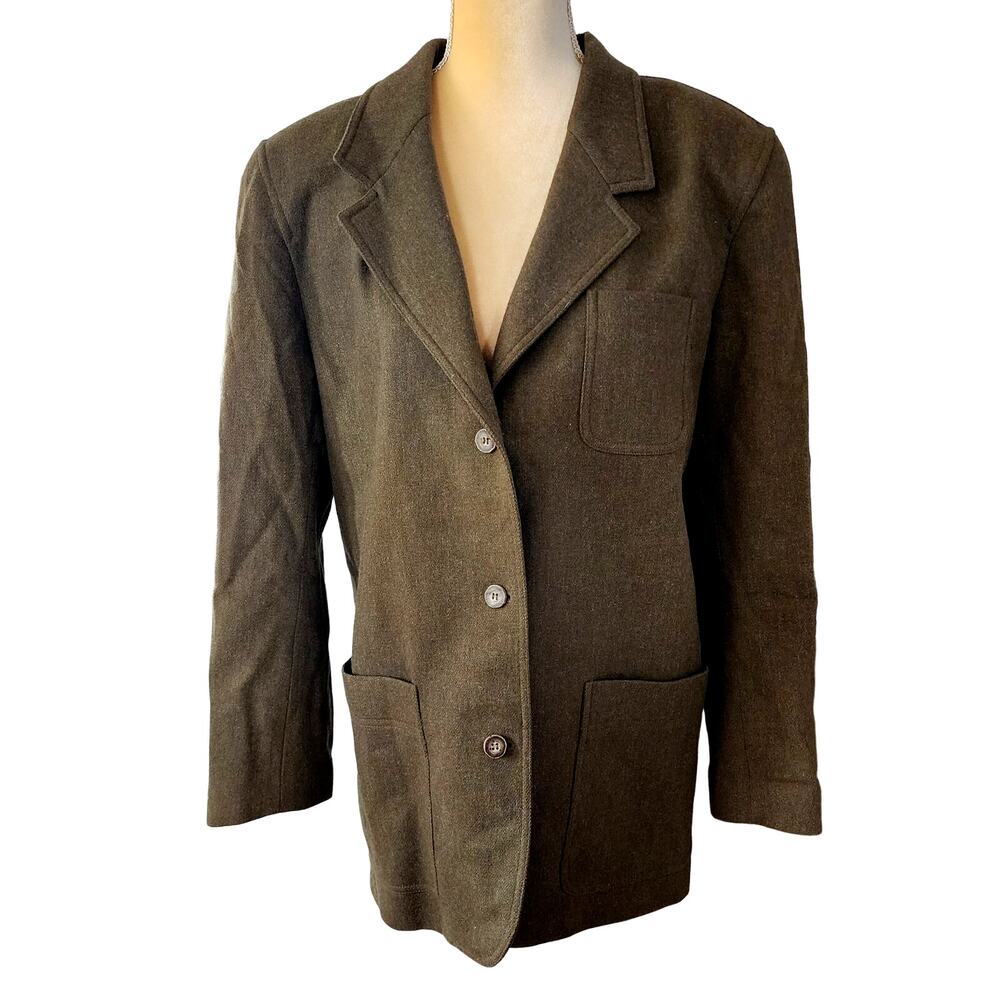 Lizsport Army Green 100% Wool 3 Button Career Blazer Jacket Size 10